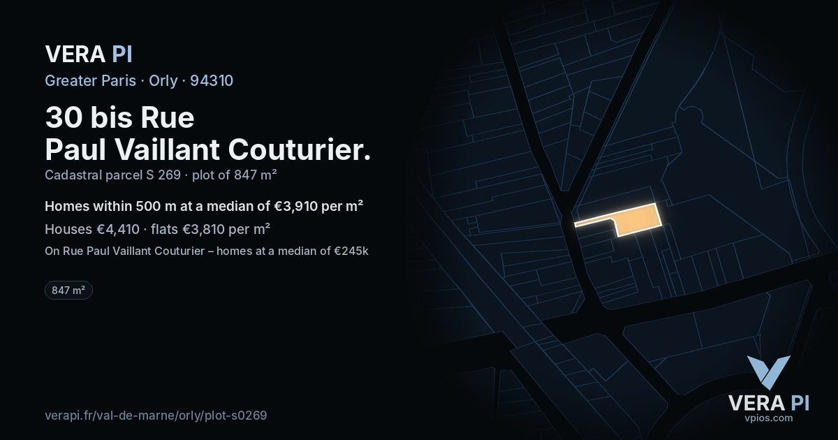 30 bis Rue Paul Vaillant Couturier, Orly at night – the plot lit, the parcels around coloured by the prices near them