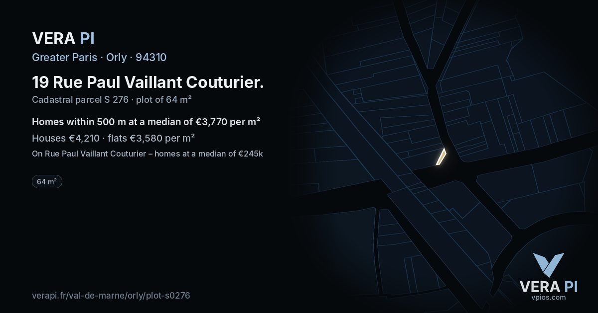 19 Rue Paul Vaillant Couturier, Orly at night – the plot lit, the parcels around coloured by the prices near them