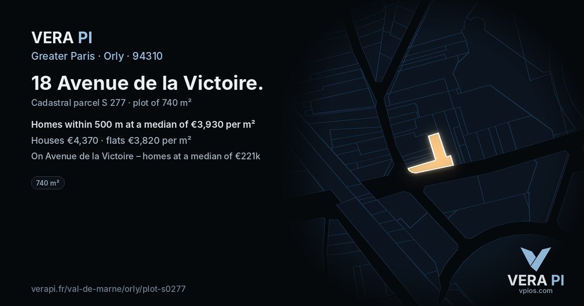 18 Avenue de la Victoire, Orly at night – the plot lit, the parcels around coloured by the prices near them