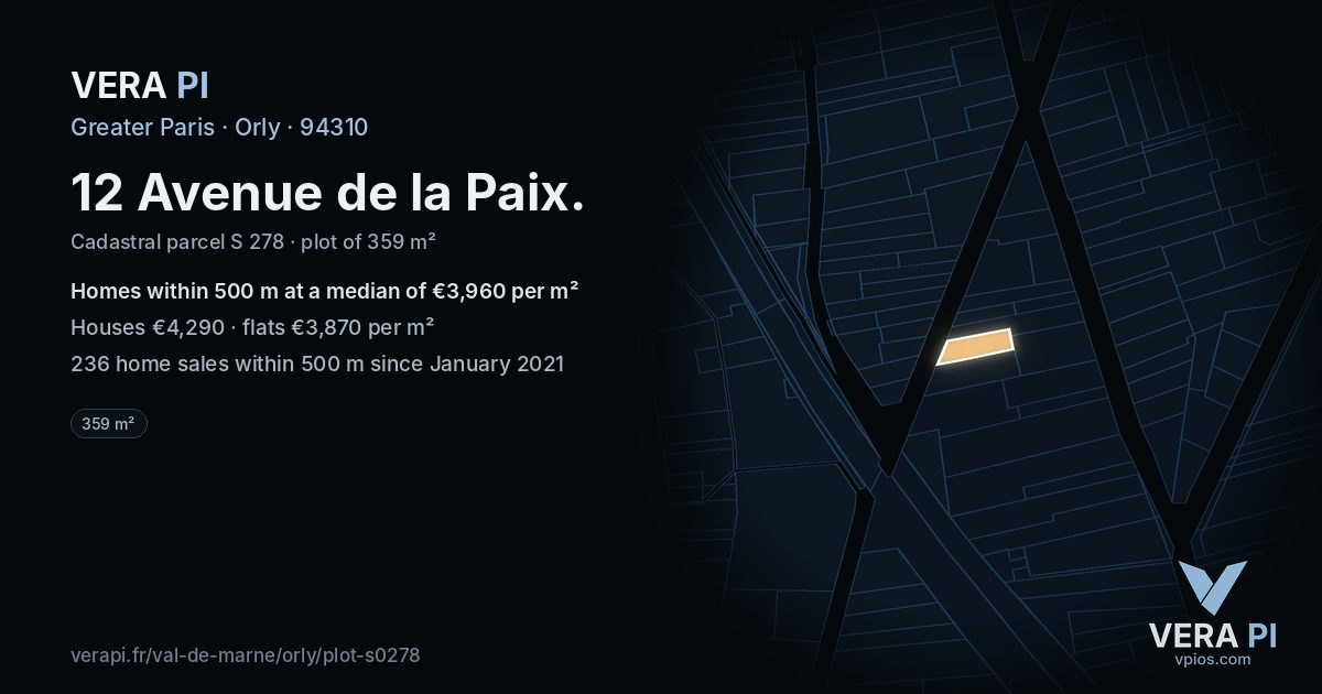 12 Avenue de la Paix, Orly at night – the plot lit, the parcels around coloured by the prices near them