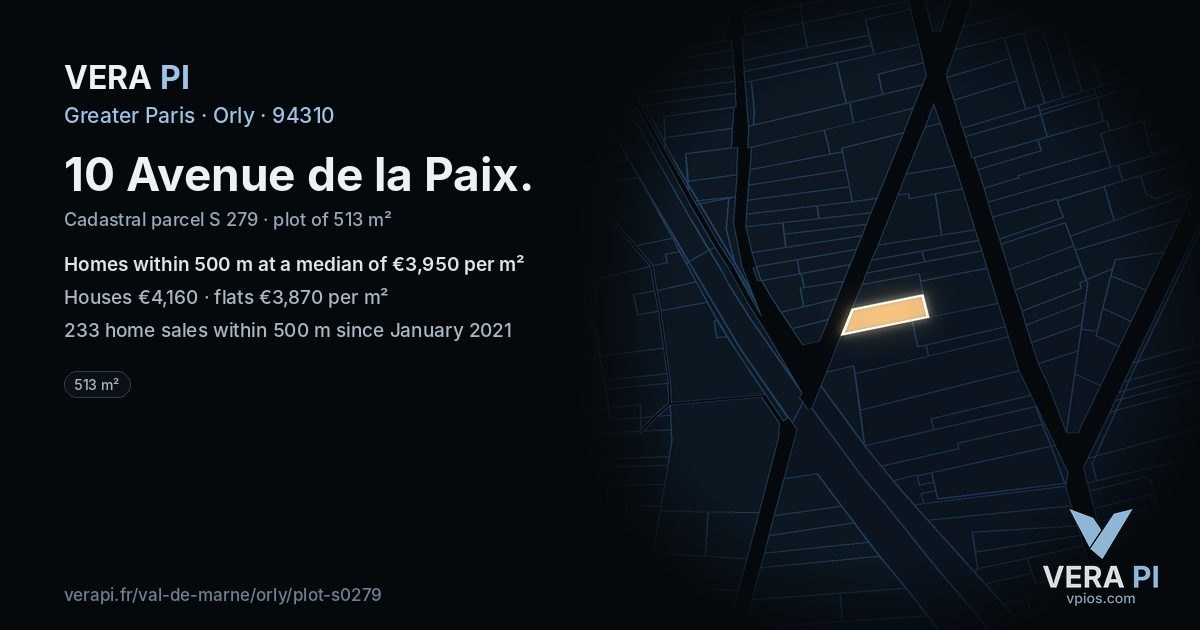 10 Avenue de la Paix, Orly at night – the plot lit, the parcels around coloured by the prices near them