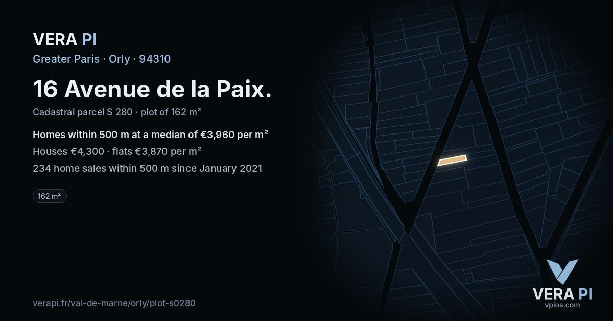 16 Avenue de la Paix, Orly at night – the plot lit, the parcels around coloured by the prices near them