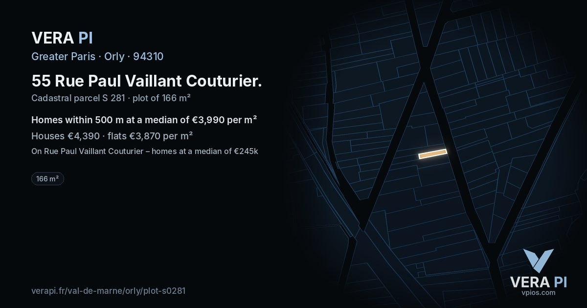 55 Rue Paul Vaillant Couturier, Orly at night – the plot lit, the parcels around coloured by the prices near them