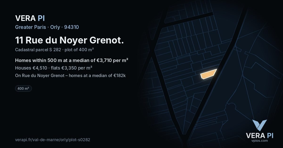 11 Rue du Noyer Grenot, Orly at night – the plot lit, the parcels around coloured by the prices near them