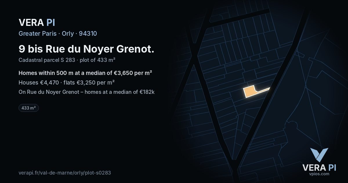 9 bis Rue du Noyer Grenot, Orly at night – the plot lit, the parcels around coloured by the prices near them