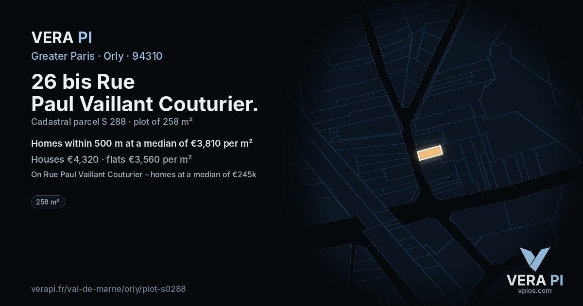 26 bis Rue Paul Vaillant Couturier, Orly at night – the plot lit, the parcels around coloured by the prices near them
