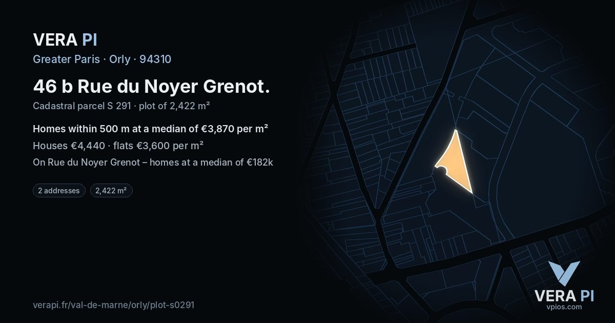 46 b Rue du Noyer Grenot, Orly at night – the plot lit, the parcels around coloured by the prices near them