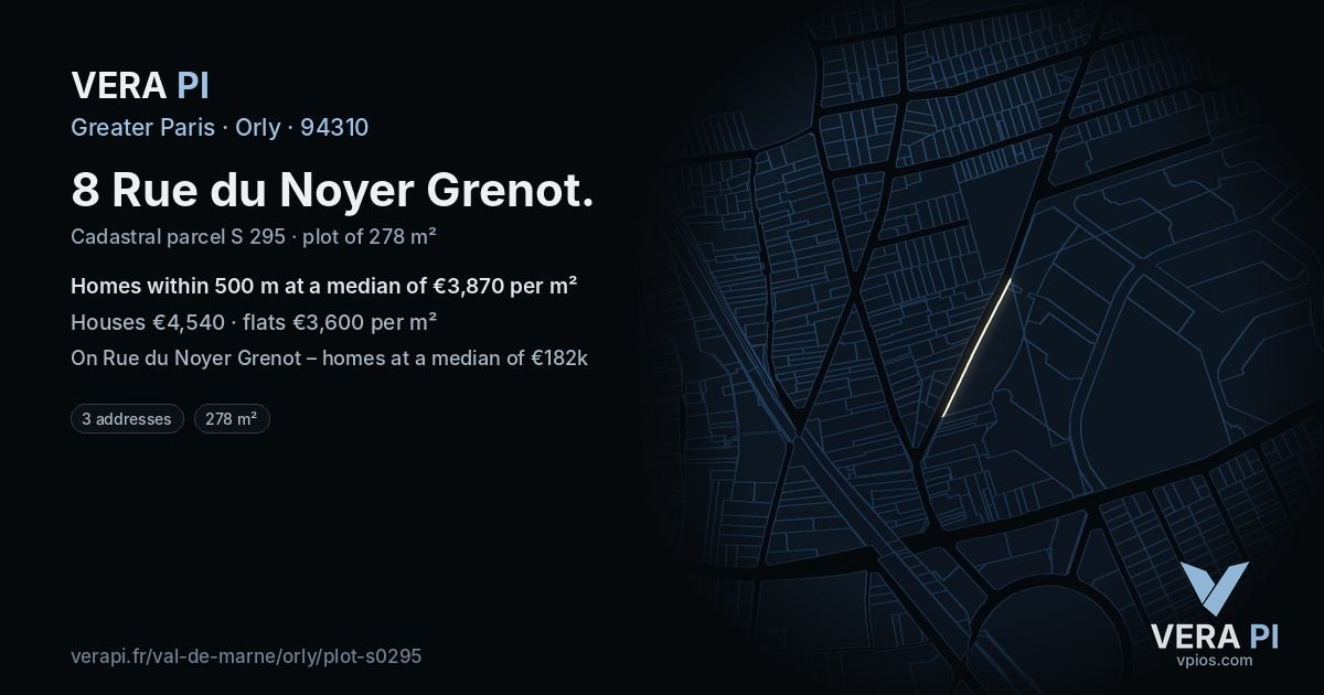 8 Rue du Noyer Grenot, Orly at night – the plot lit, the parcels around coloured by the prices near them
