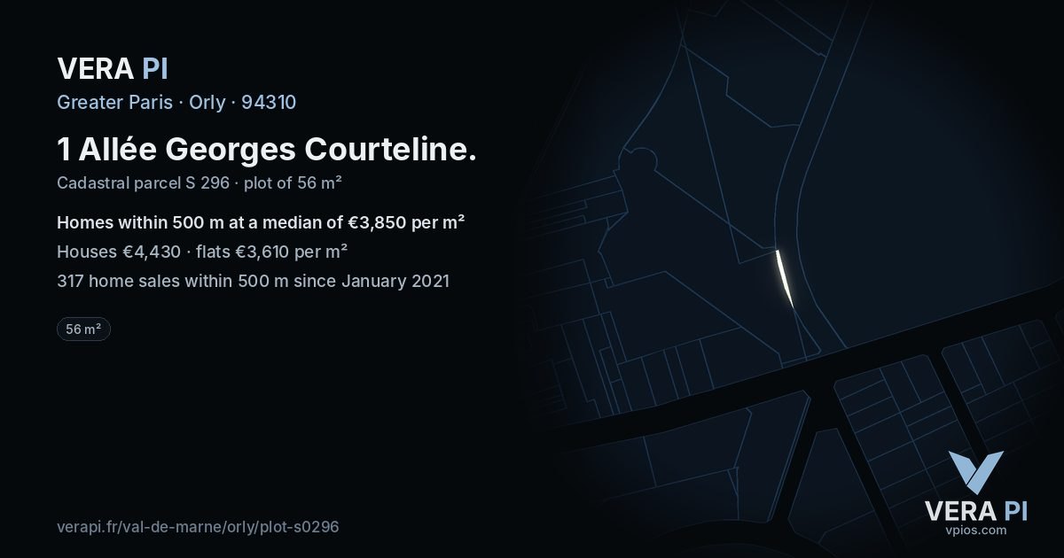 1 Allée Georges Courteline, Orly at night – the plot lit, the parcels around coloured by the prices near them