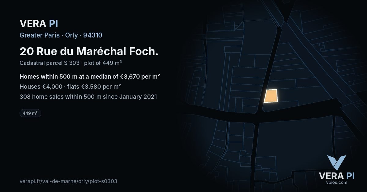 20 Rue du Maréchal Foch, Orly at night – the plot lit, the parcels around coloured by the prices near them