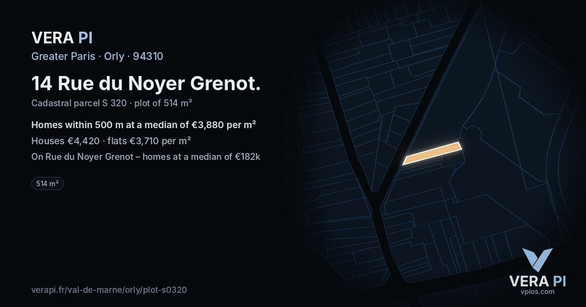 14 Rue du Noyer Grenot, Orly at night – the plot lit, the parcels around coloured by the prices near them