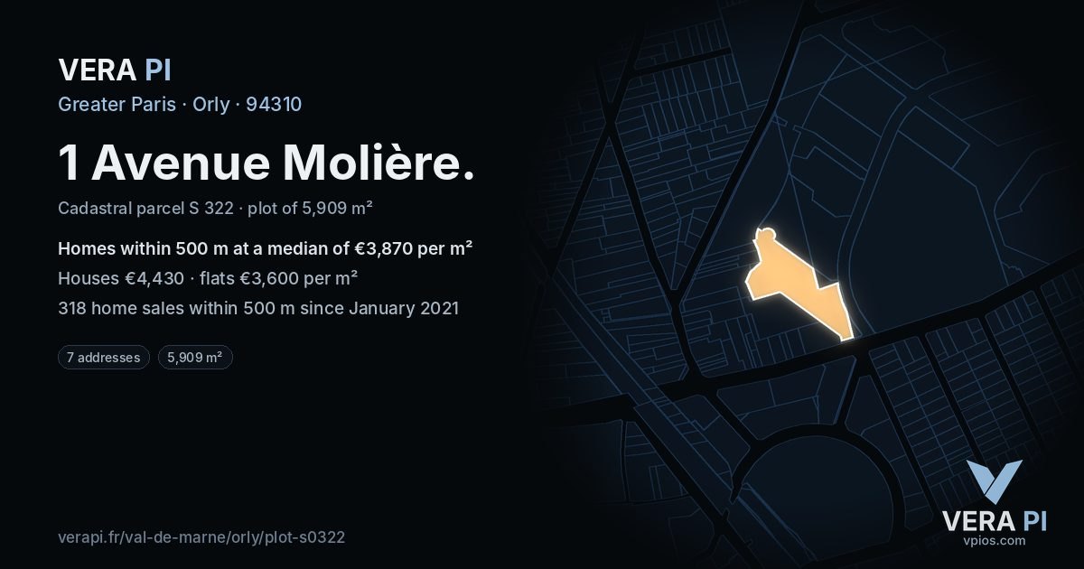 1 Avenue Molière, Orly at night – the plot lit, the parcels around coloured by the prices near them