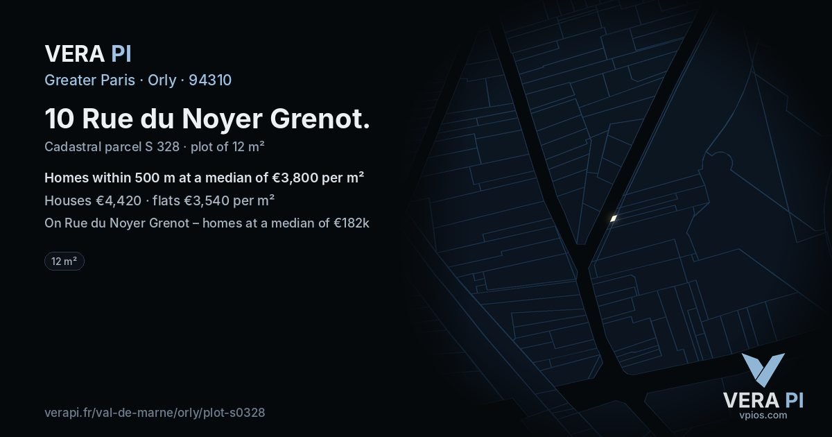 10 Rue du Noyer Grenot, Orly at night – the plot lit, the parcels around coloured by the prices near them
