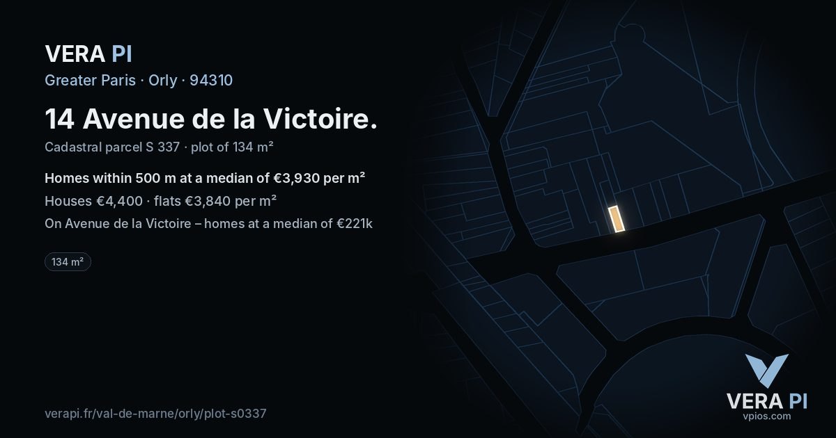 14 Avenue de la Victoire, Orly at night – the plot lit, the parcels around coloured by the prices near them