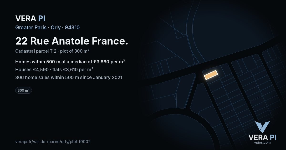 22 Rue Anatole France, Orly at night – the plot lit, the parcels around coloured by the prices near them