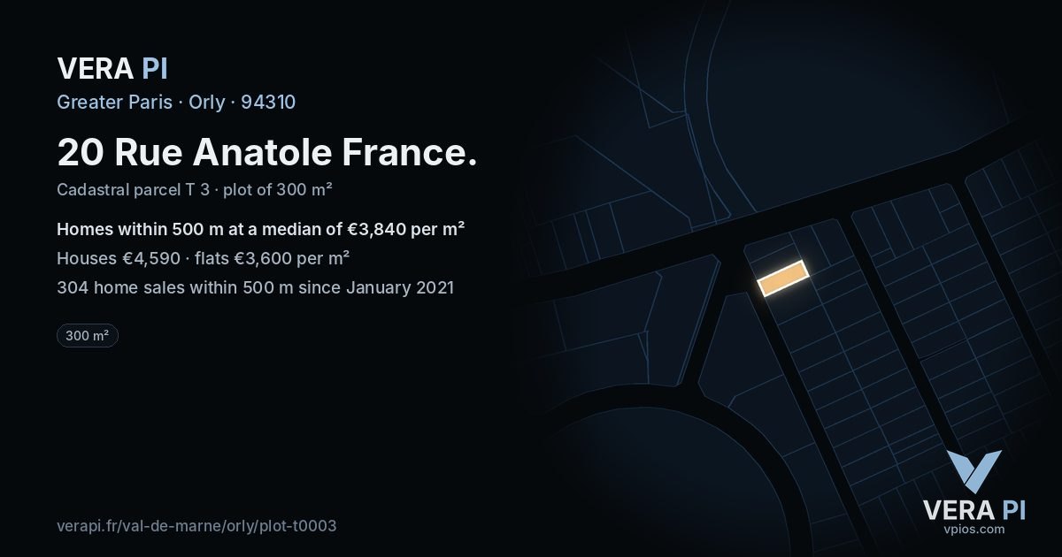 20 Rue Anatole France, Orly at night – the plot lit, the parcels around coloured by the prices near them