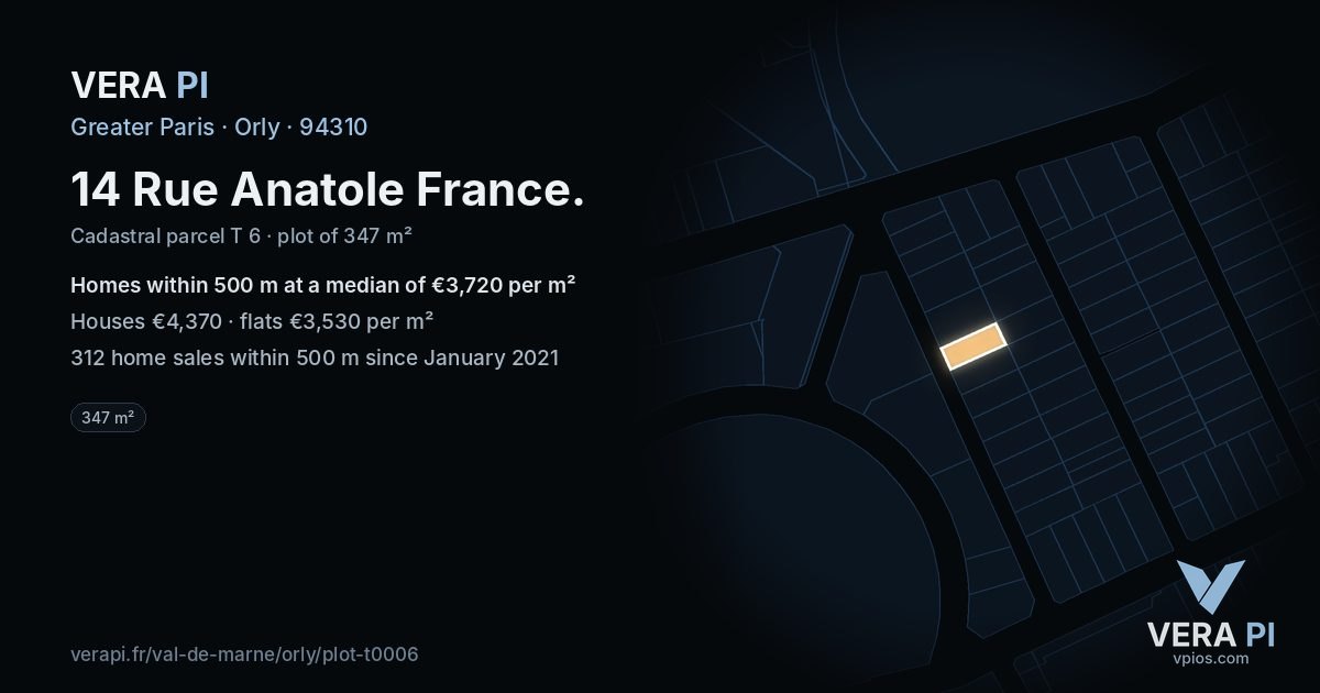 14 Rue Anatole France, Orly at night – the plot lit, the parcels around coloured by the prices near them