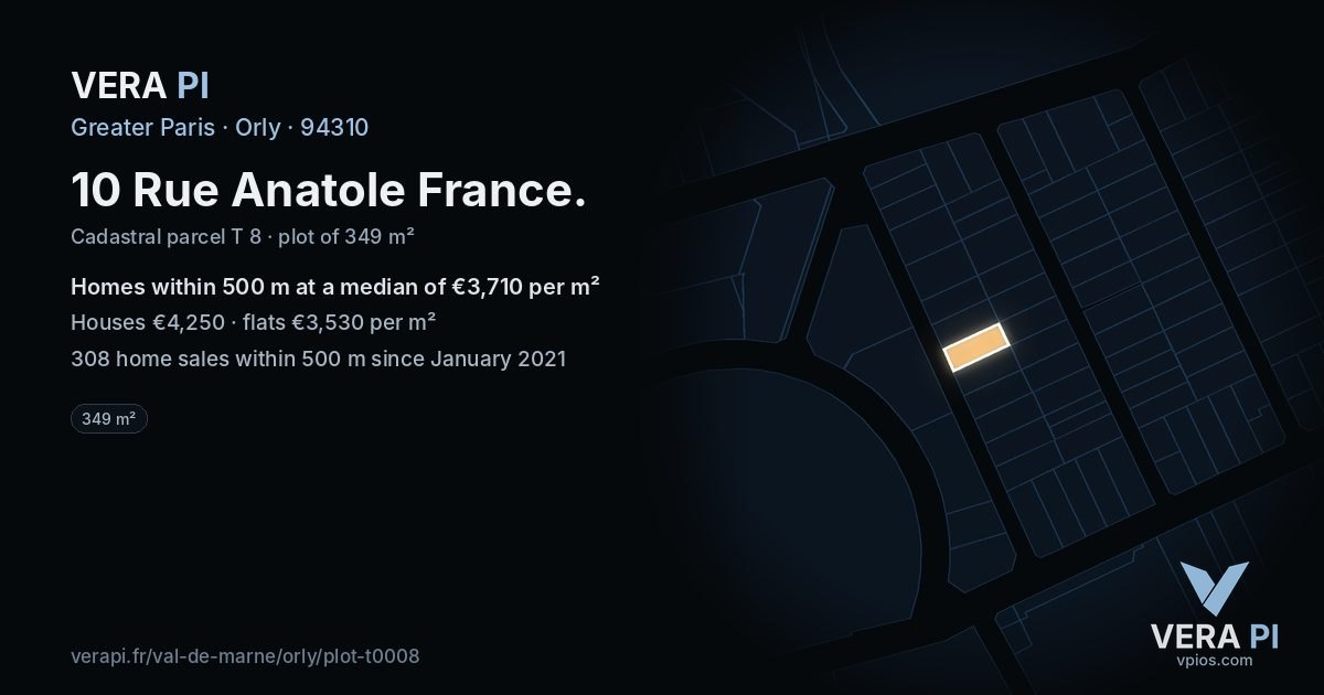 10 Rue Anatole France, Orly at night – the plot lit, the parcels around coloured by the prices near them