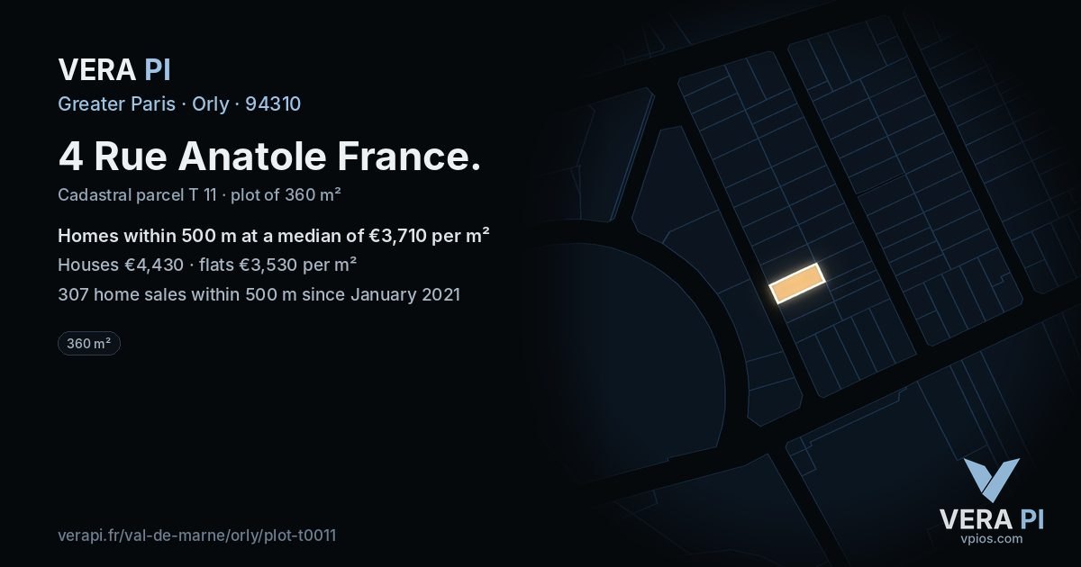 4 Rue Anatole France, Orly at night – the plot lit, the parcels around coloured by the prices near them