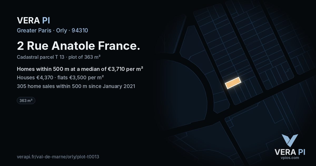 2 Rue Anatole France, Orly at night – the plot lit, the parcels around coloured by the prices near them
