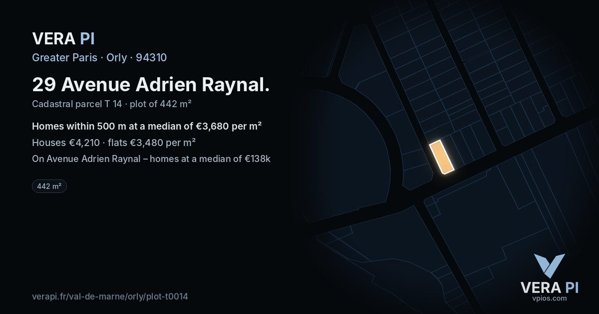 29 Avenue Adrien Raynal, Orly at night – the plot lit, the parcels around coloured by the prices near them
