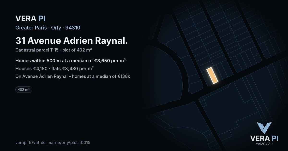 31 Avenue Adrien Raynal, Orly at night – the plot lit, the parcels around coloured by the prices near them