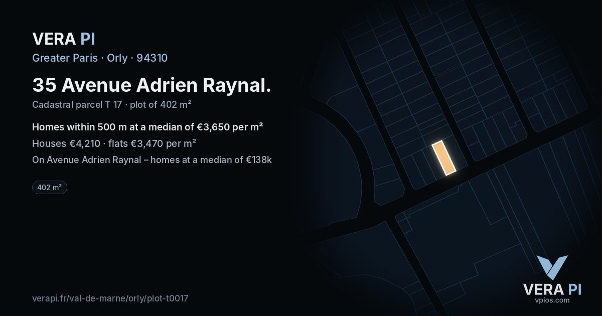 35 Avenue Adrien Raynal, Orly at night – the plot lit, the parcels around coloured by the prices near them