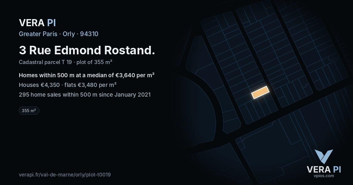3 Rue Edmond Rostand, Orly at night – the plot lit, the parcels around coloured by the prices near them