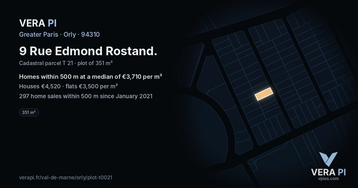 9 Rue Edmond Rostand, Orly at night – the plot lit, the parcels around coloured by the prices near them