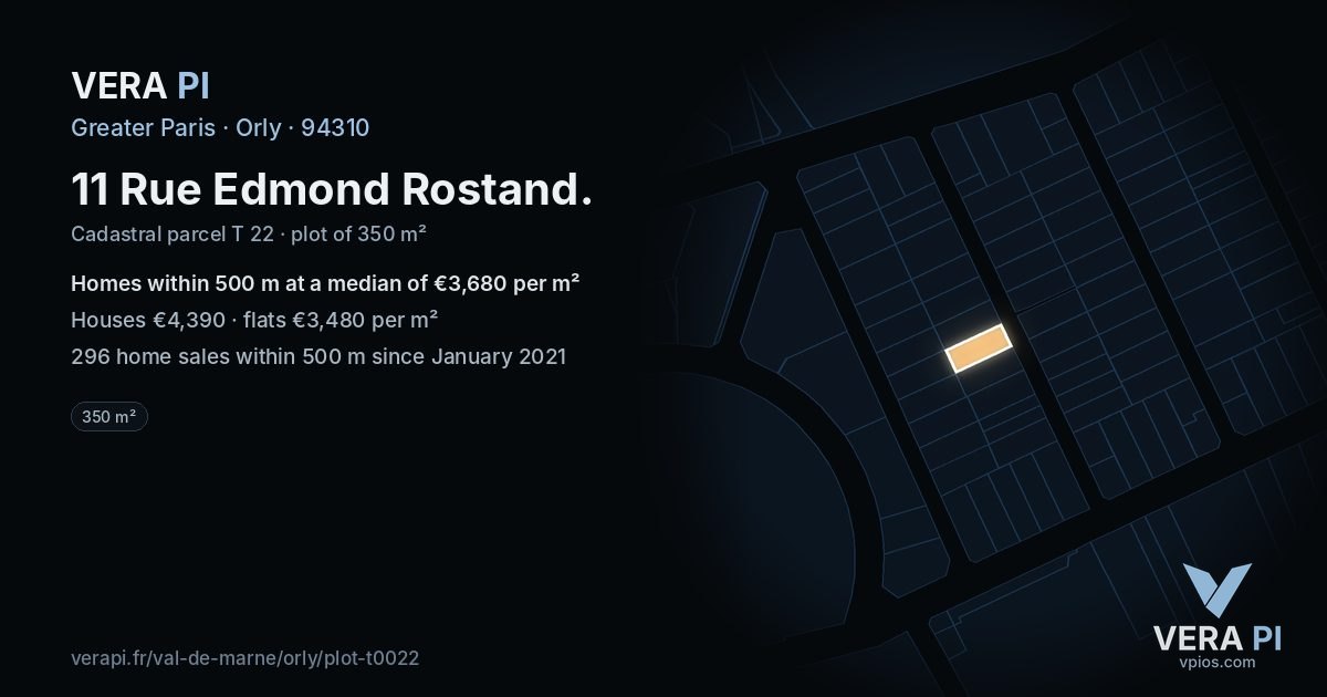 11 Rue Edmond Rostand, Orly at night – the plot lit, the parcels around coloured by the prices near them
