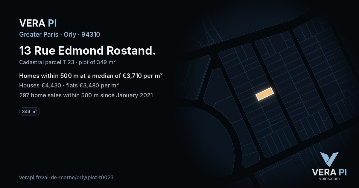 13 Rue Edmond Rostand, Orly at night – the plot lit, the parcels around coloured by the prices near them