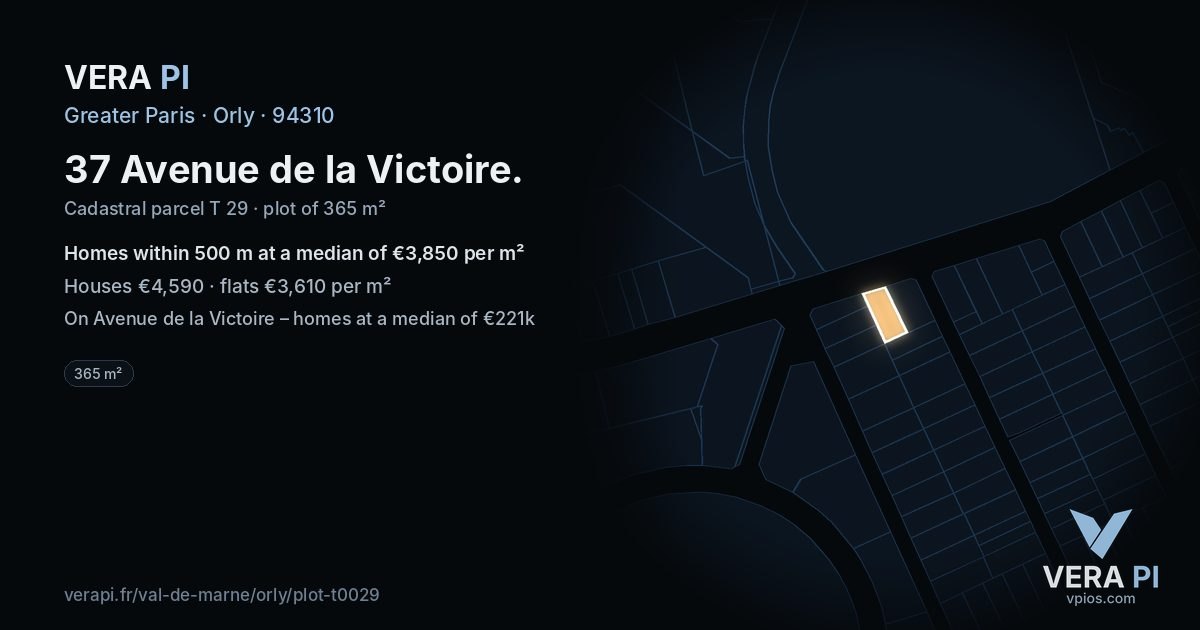 37 Avenue de la Victoire, Orly at night – the plot lit, the parcels around coloured by the prices near them
