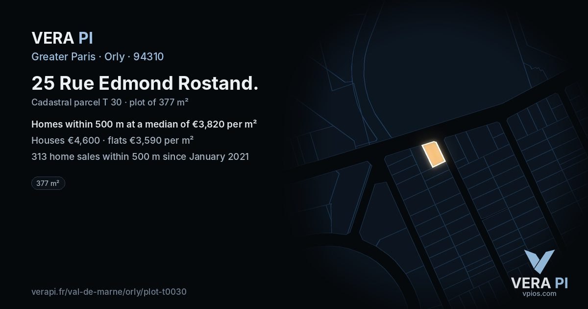 25 Rue Edmond Rostand, Orly at night – the plot lit, the parcels around coloured by the prices near them