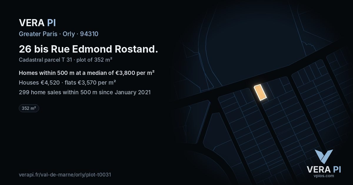 26 bis Rue Edmond Rostand, Orly at night – the plot lit, the parcels around coloured by the prices near them