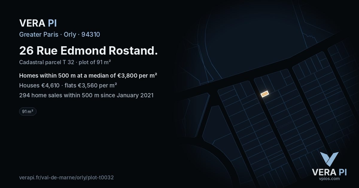26 Rue Edmond Rostand, Orly at night – the plot lit, the parcels around coloured by the prices near them