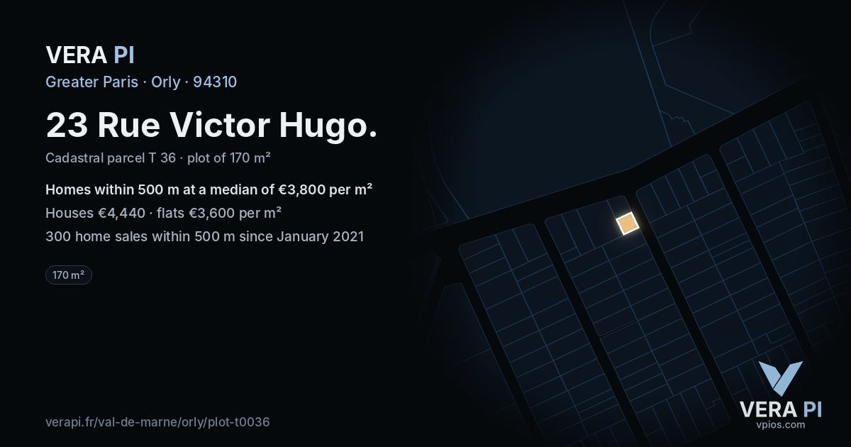23 Rue Victor Hugo, Orly at night – the plot lit, the parcels around coloured by the prices near them