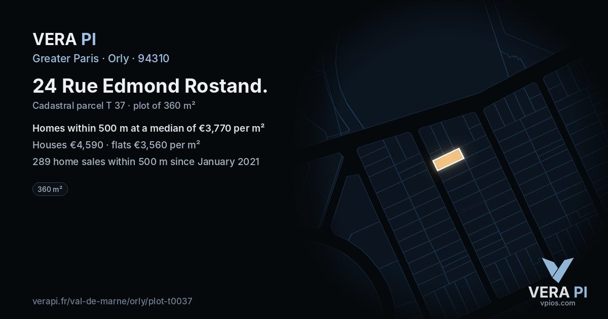 24 Rue Edmond Rostand, Orly at night – the plot lit, the parcels around coloured by the prices near them