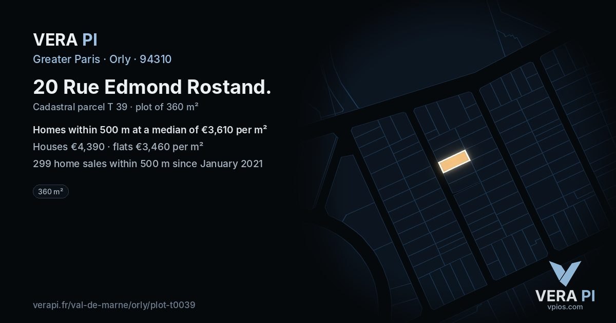 20 Rue Edmond Rostand, Orly at night – the plot lit, the parcels around coloured by the prices near them