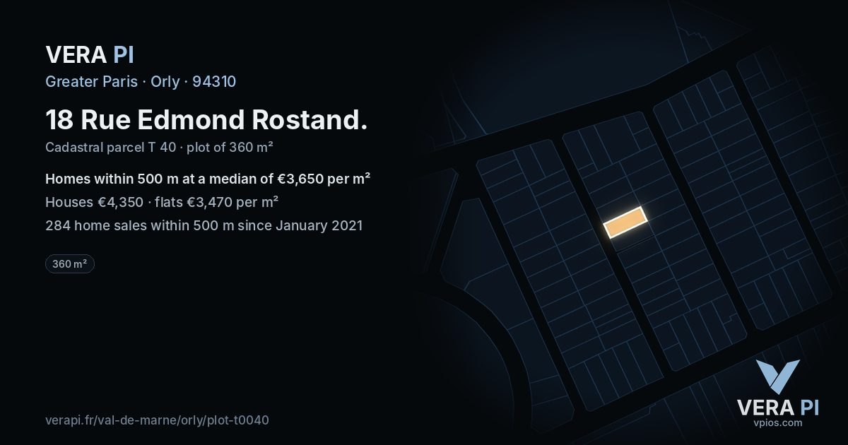 18 Rue Edmond Rostand, Orly at night – the plot lit, the parcels around coloured by the prices near them