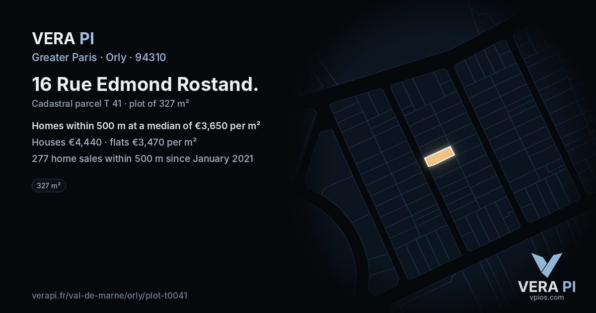 16 Rue Edmond Rostand, Orly at night – the plot lit, the parcels around coloured by the prices near them