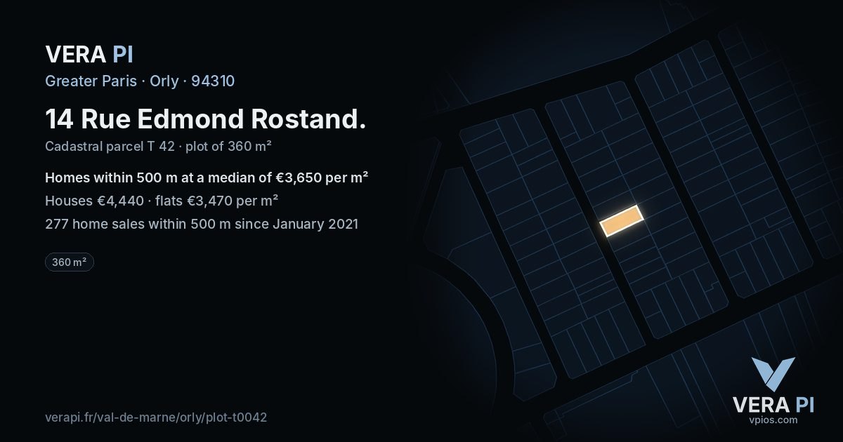 14 Rue Edmond Rostand, Orly at night – the plot lit, the parcels around coloured by the prices near them