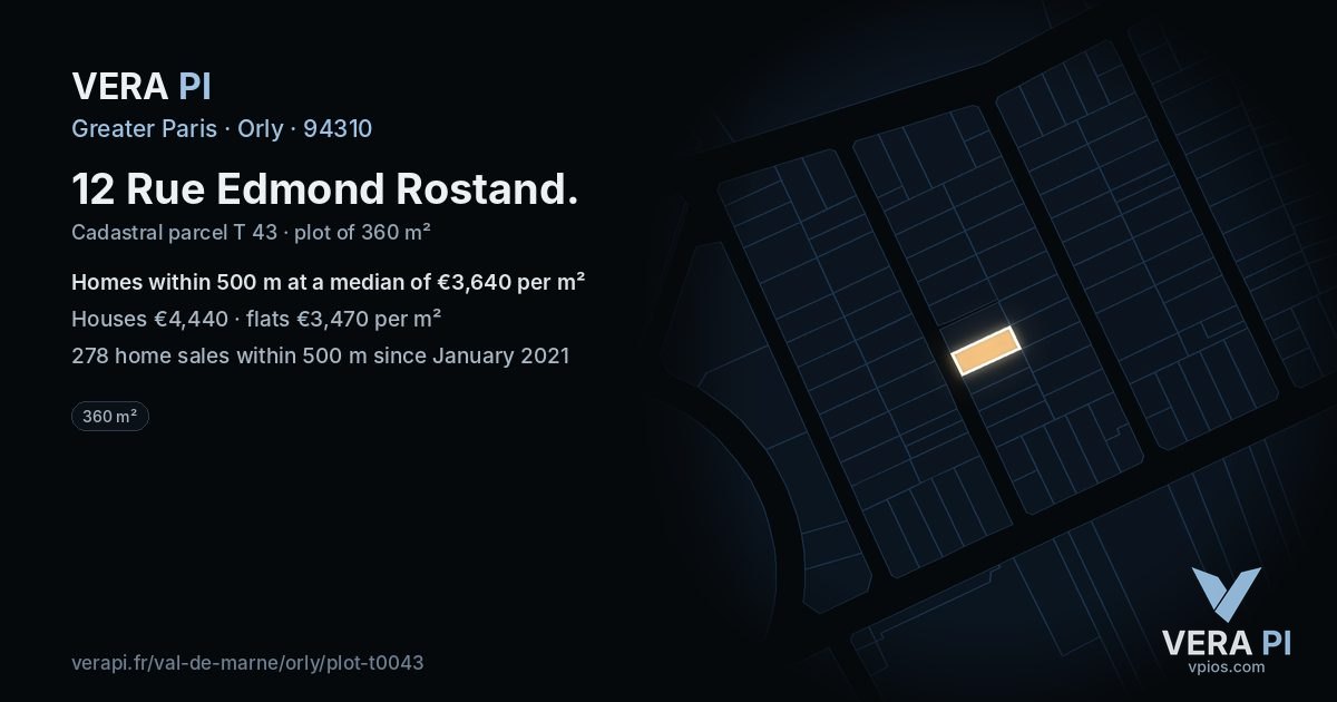 12 Rue Edmond Rostand, Orly at night – the plot lit, the parcels around coloured by the prices near them