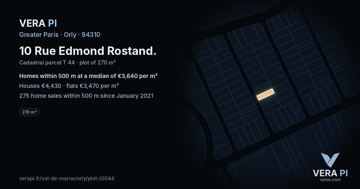 10 Rue Edmond Rostand, Orly at night – the plot lit, the parcels around coloured by the prices near them