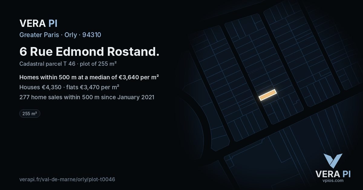 6 Rue Edmond Rostand, Orly at night – the plot lit, the parcels around coloured by the prices near them