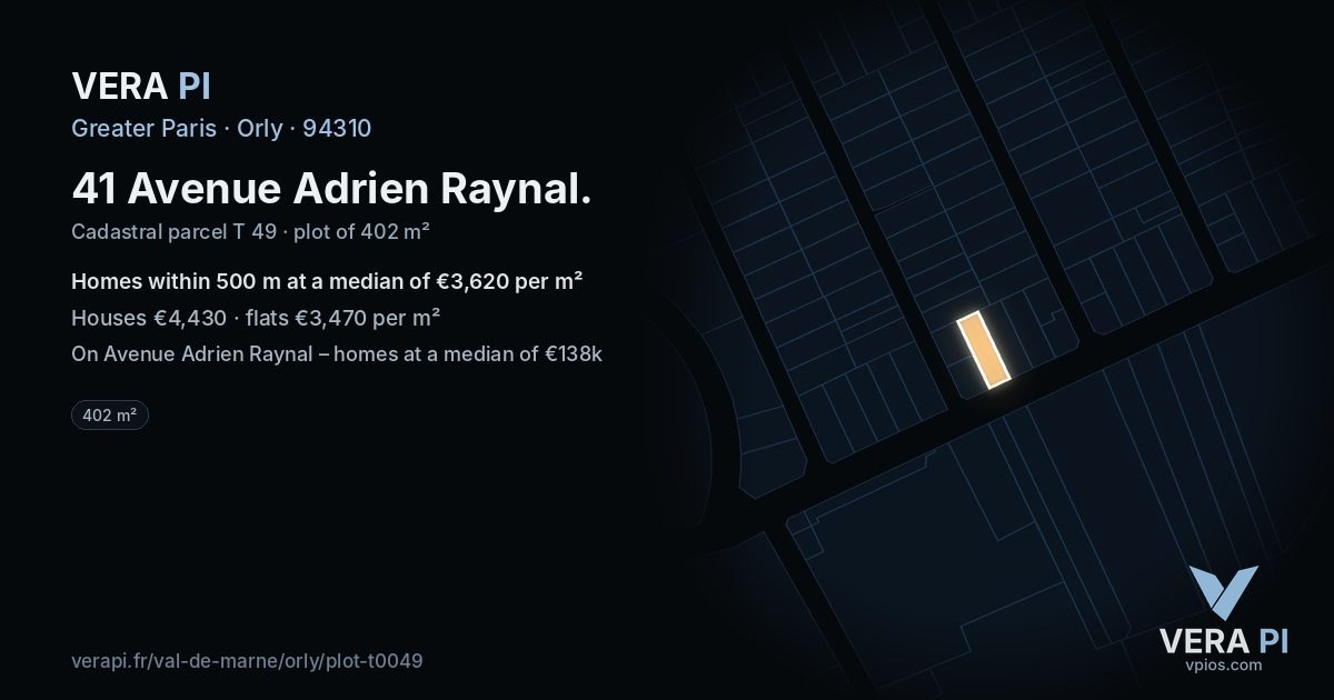 41 Avenue Adrien Raynal, Orly at night – the plot lit, the parcels around coloured by the prices near them