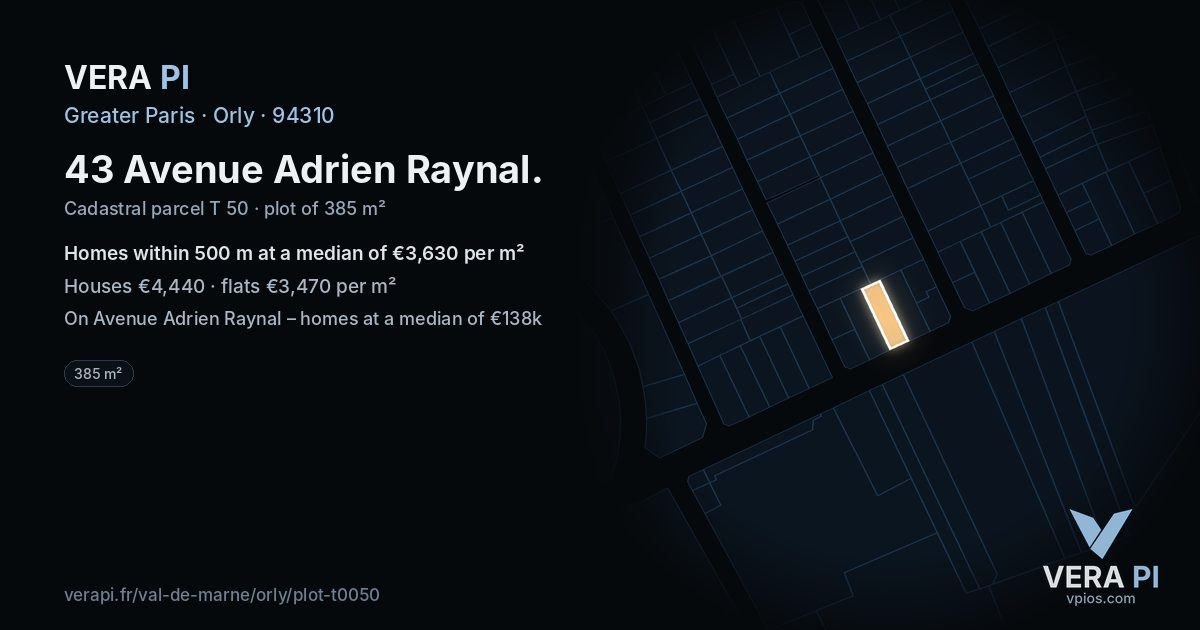 43 Avenue Adrien Raynal, Orly at night – the plot lit, the parcels around coloured by the prices near them