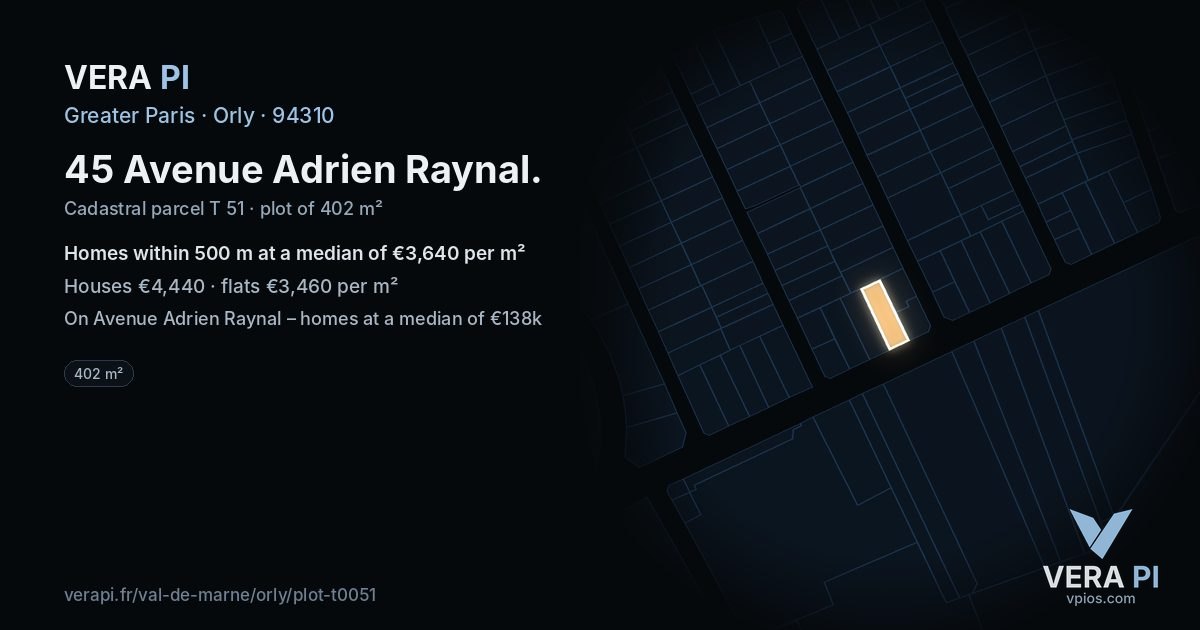 45 Avenue Adrien Raynal, Orly at night – the plot lit, the parcels around coloured by the prices near them