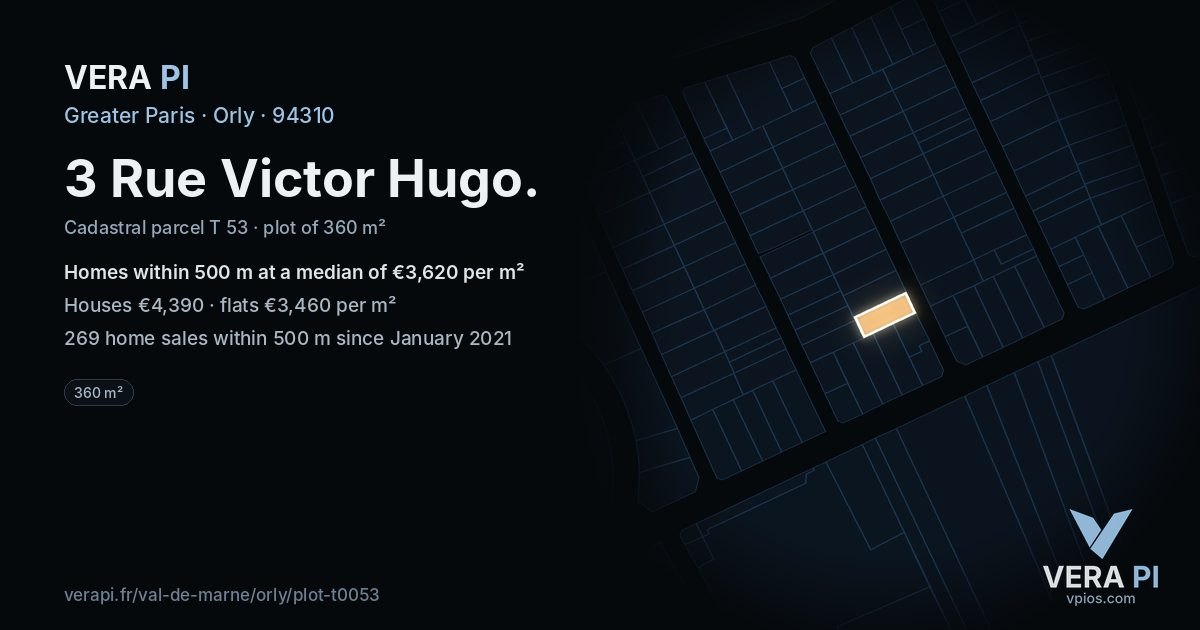 3 Rue Victor Hugo, Orly at night – the plot lit, the parcels around coloured by the prices near them