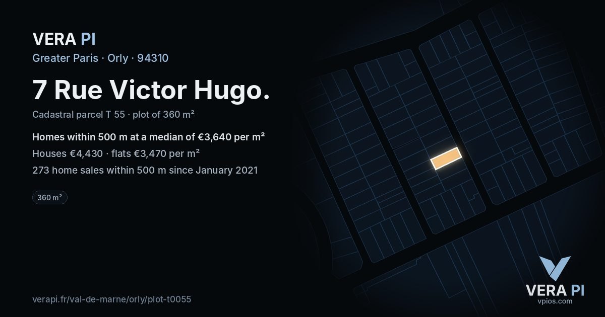 7 Rue Victor Hugo, Orly at night – the plot lit, the parcels around coloured by the prices near them