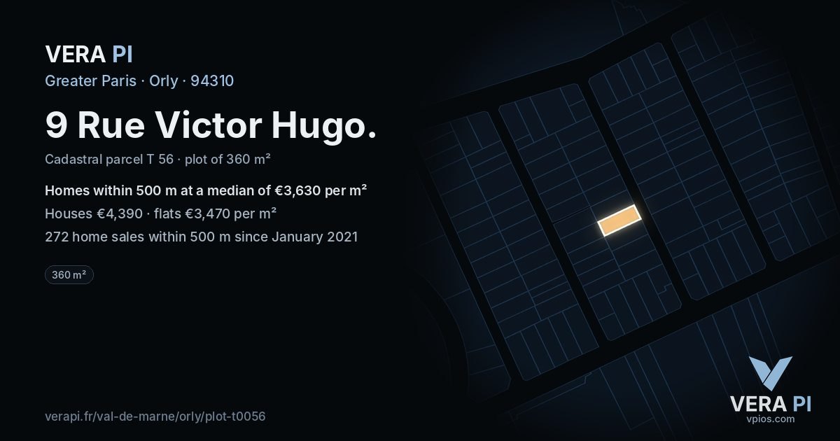 9 Rue Victor Hugo, Orly at night – the plot lit, the parcels around coloured by the prices near them